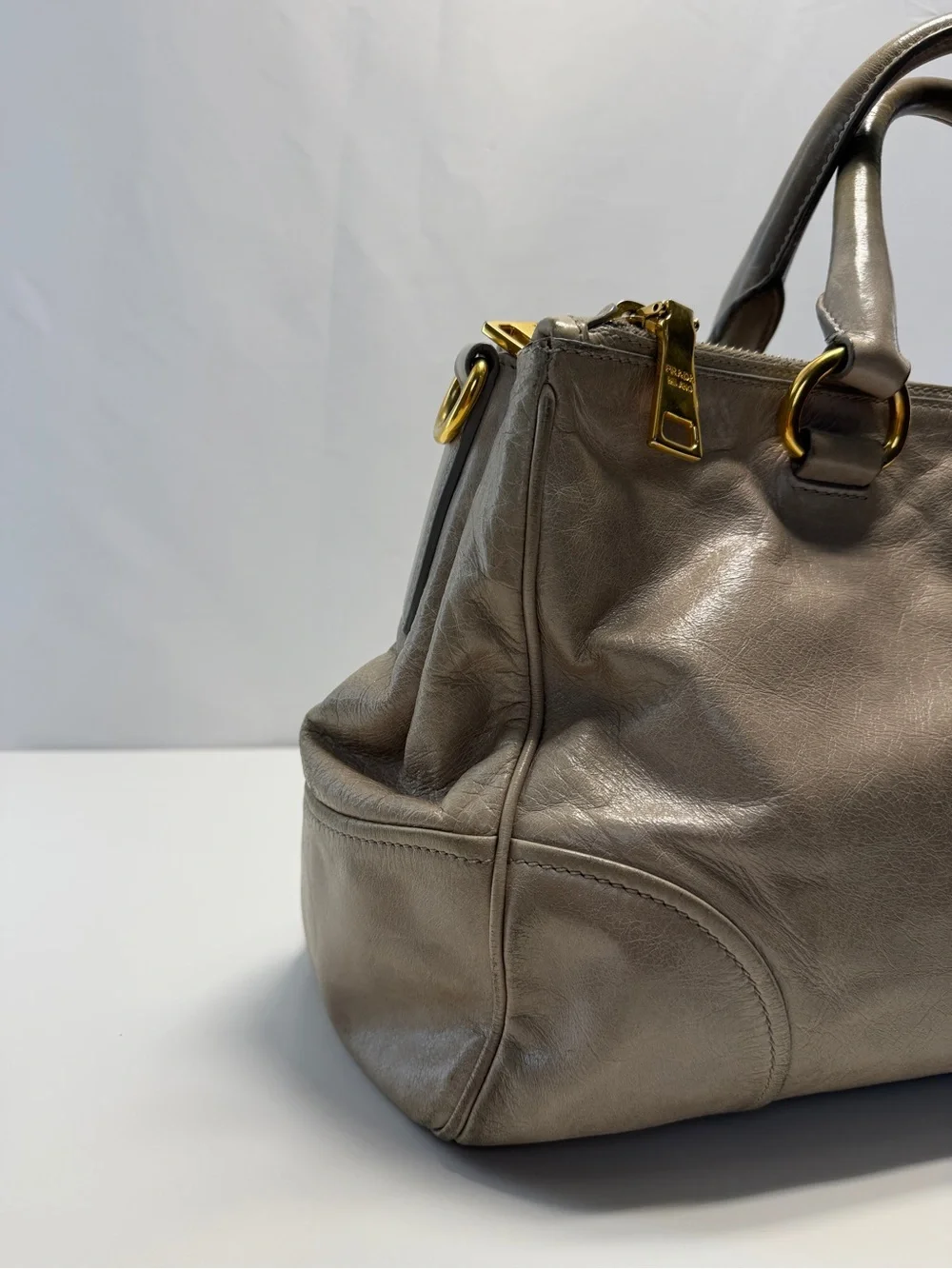 Prada Metallic Taupe Leather Satchel with Gold Hardware